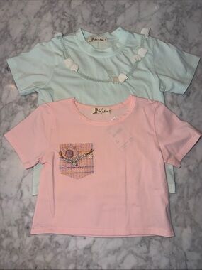 NWT Doe A Dear Girls Short Sleeve Tee Set - Pink & Mint Pocket Detail Bundle 4Y